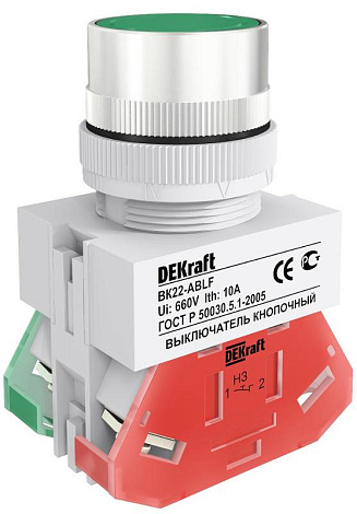 Выкл. кноп. ABLF 22 мм Цвет:ЗЕЛЕНЫЙ 220В ВK-22 | 25013DEK | DEKraft