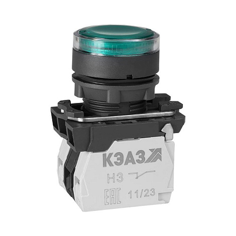 Кнопка КМЕ4511мЛ-220В-зеленый-1но+1нз-цилиндр-индикатор-IP54| 309579 | КЭАЗ