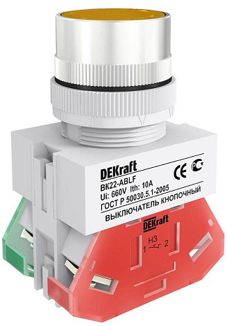Выкл. кноп. ABLF 22 мм Цвет:ЖЕЛТЫЙ 220В ВK-22 | 25015DEK | DEKraft