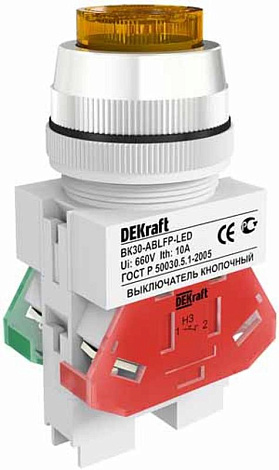 Выкл. кноп. ABLFP 30 мм Цвет:ЖЕЛТЫЙ LED 220В ВK-30 | 25049DEK | DEKraft